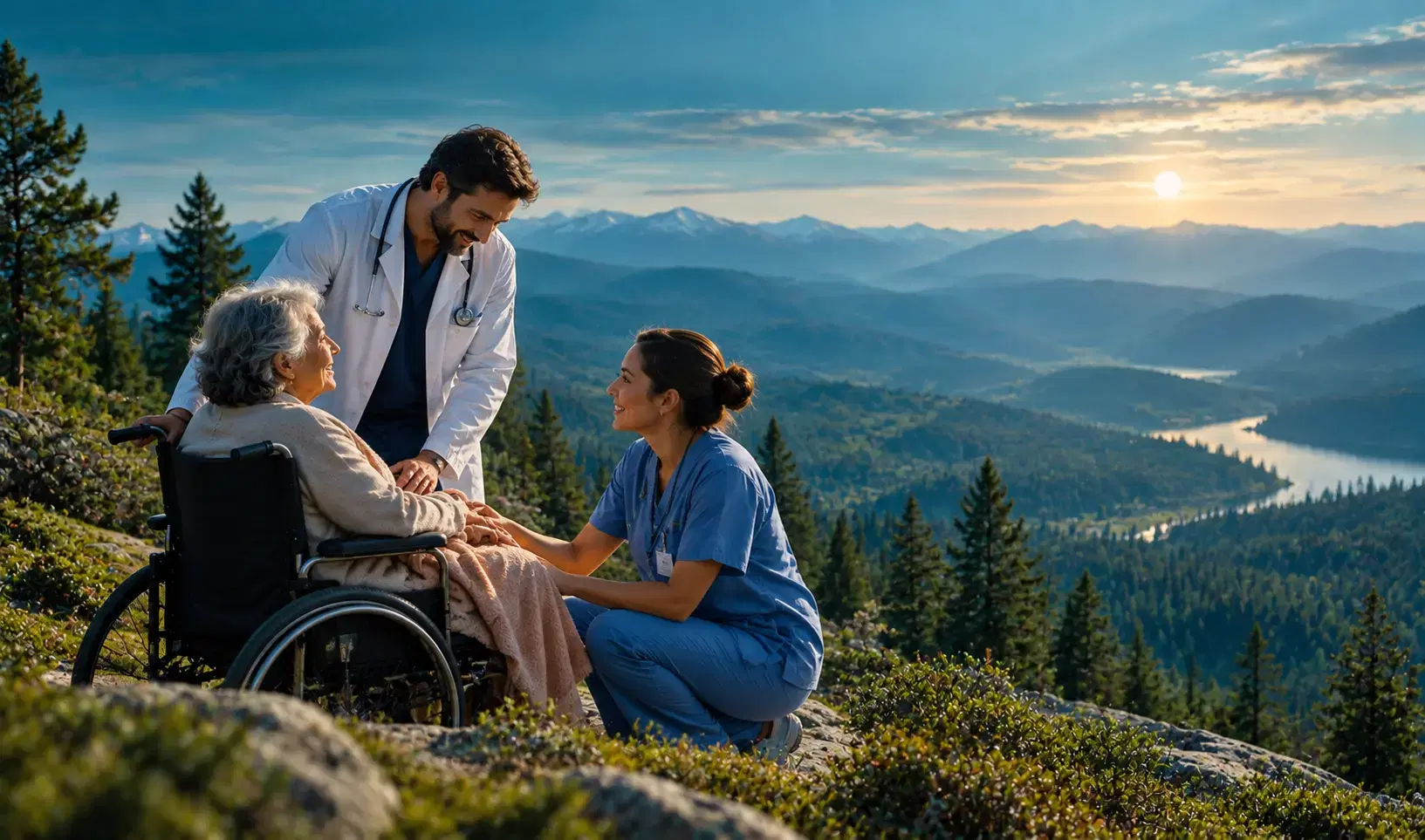 A doctor and nurse caring for an older patient in a wheelchair, outdoors on a mountainside at sunrise