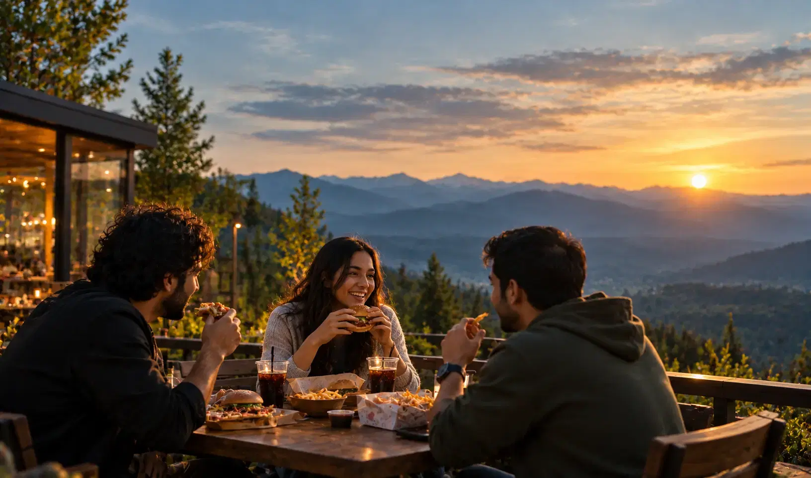 Diners on the terrace of a glass-fronted restaurant at dusk, overlooking a mountain valley